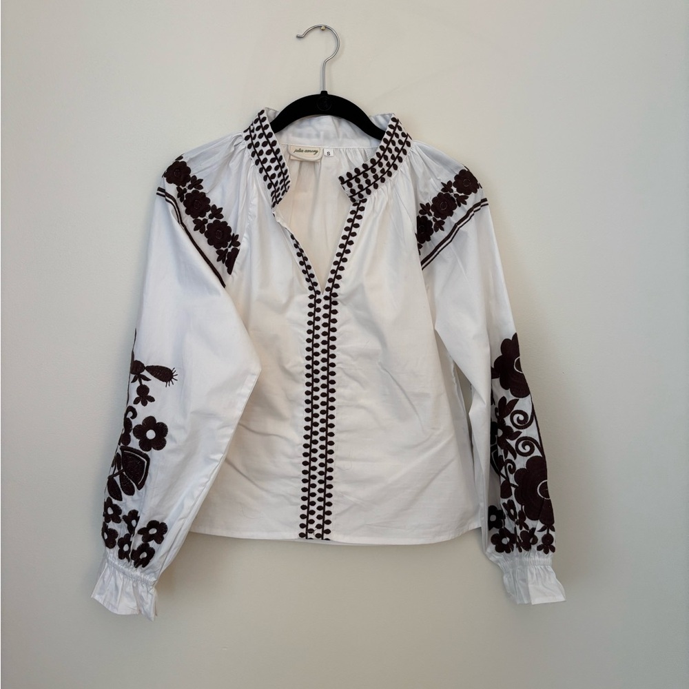 Julia Amory Embroidered White Blouse with Brown Floral Accents